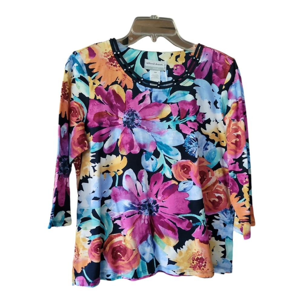Alfred Dunner blouse colorful floral MP tags stud and string detail cottagecore